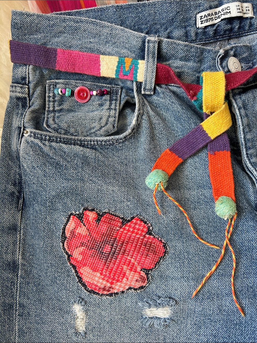 ZARA • Boho Embellished Bleached Cuff Distressed Jeans w. Bead & Floral Detail - Picture 8 of 16